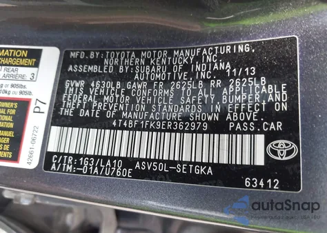 2014 Toyota Camry Xle z USA, uszkodzony, nr VIN 4T4BF1FK9ER362979